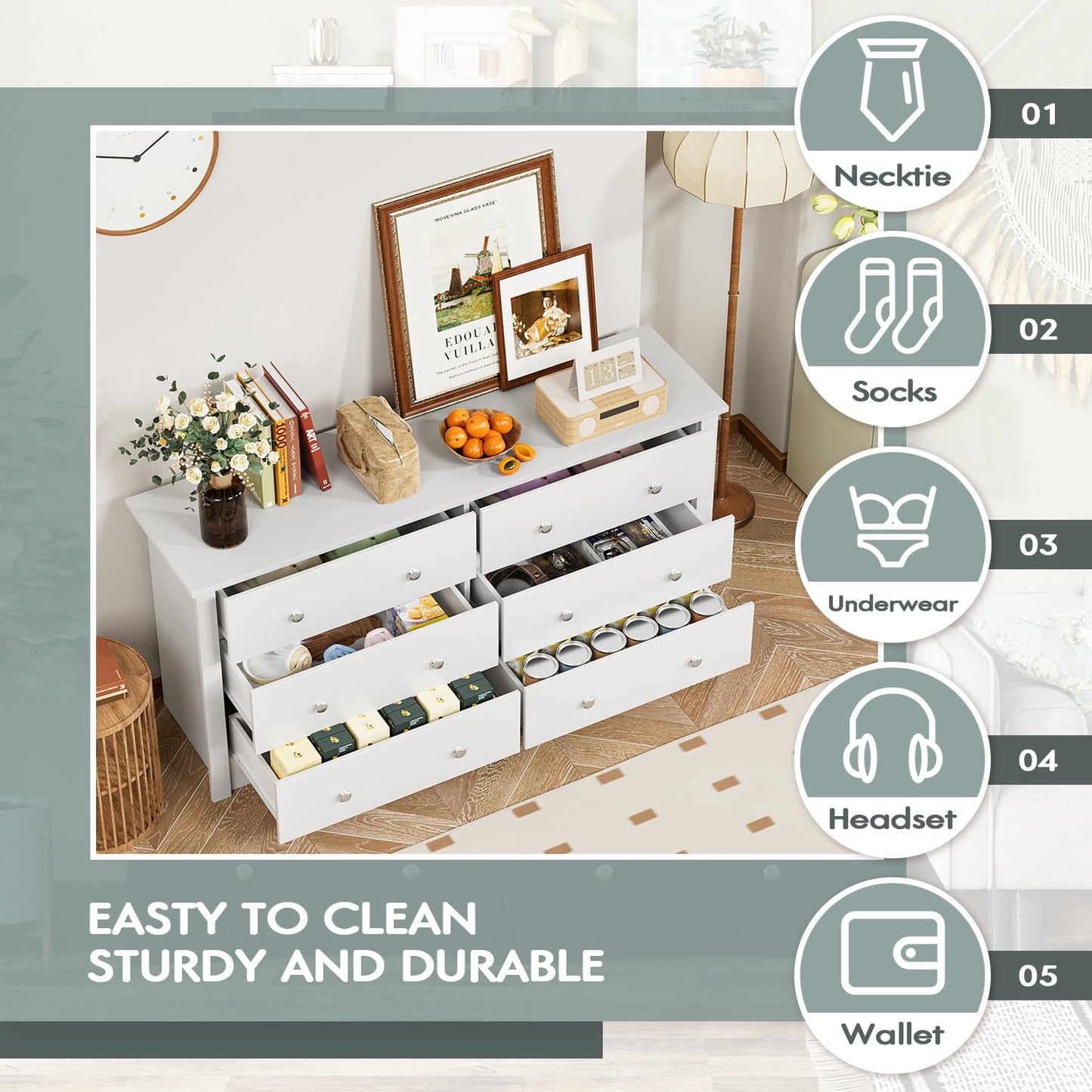 Furmax 6 Drawer Double Dresser, Wide Wood Chest Of Drawers Storage Tower Storage for Living Room Bedroom