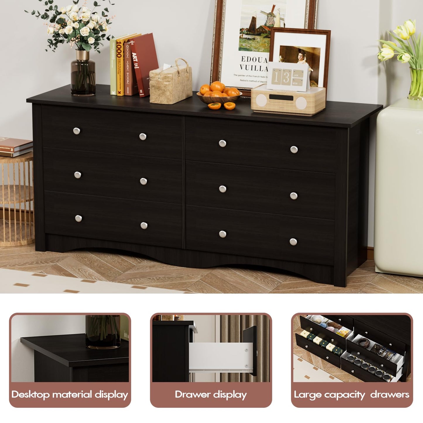 Furmax 6 Drawer Double Dresser, Wide Wood Chest Of Drawers Storage Tower Storage for Living Room Bedroom
