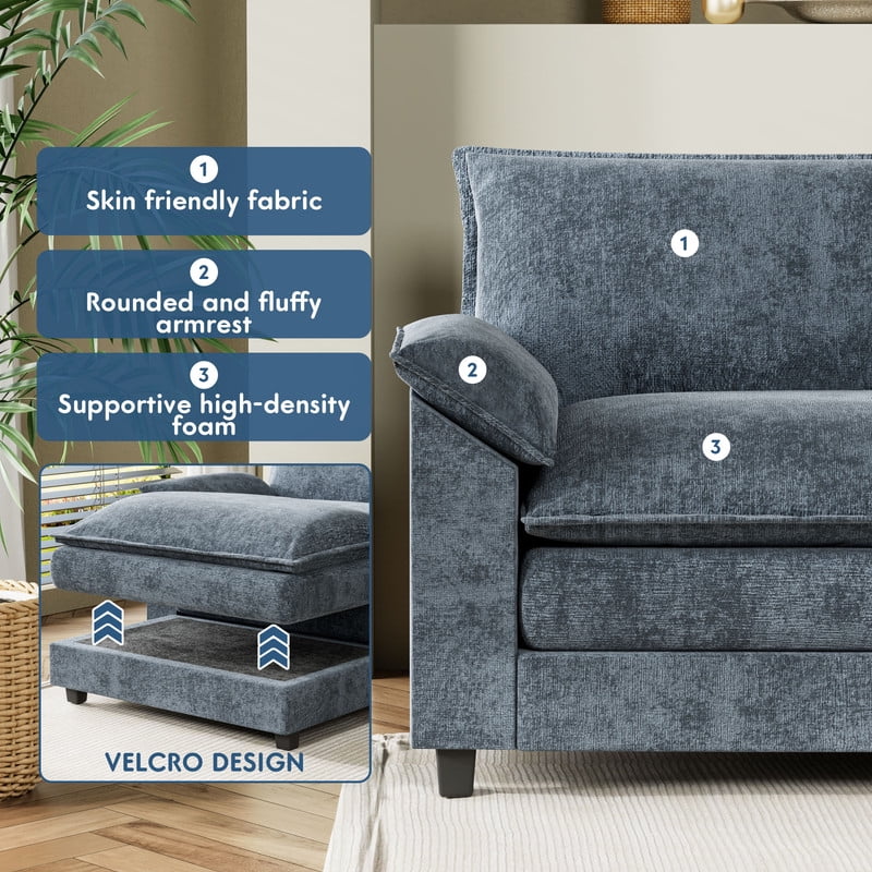 Furmax Sectional Sofa with 2 Movable Ottomans for Living Room, Fabric Convertible Modular Couch