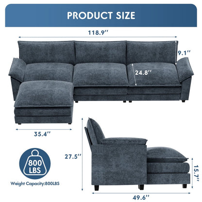 Furmax Sectional Sofa with 2 Movable Ottomans for Living Room, Fabric Convertible Modular Couch