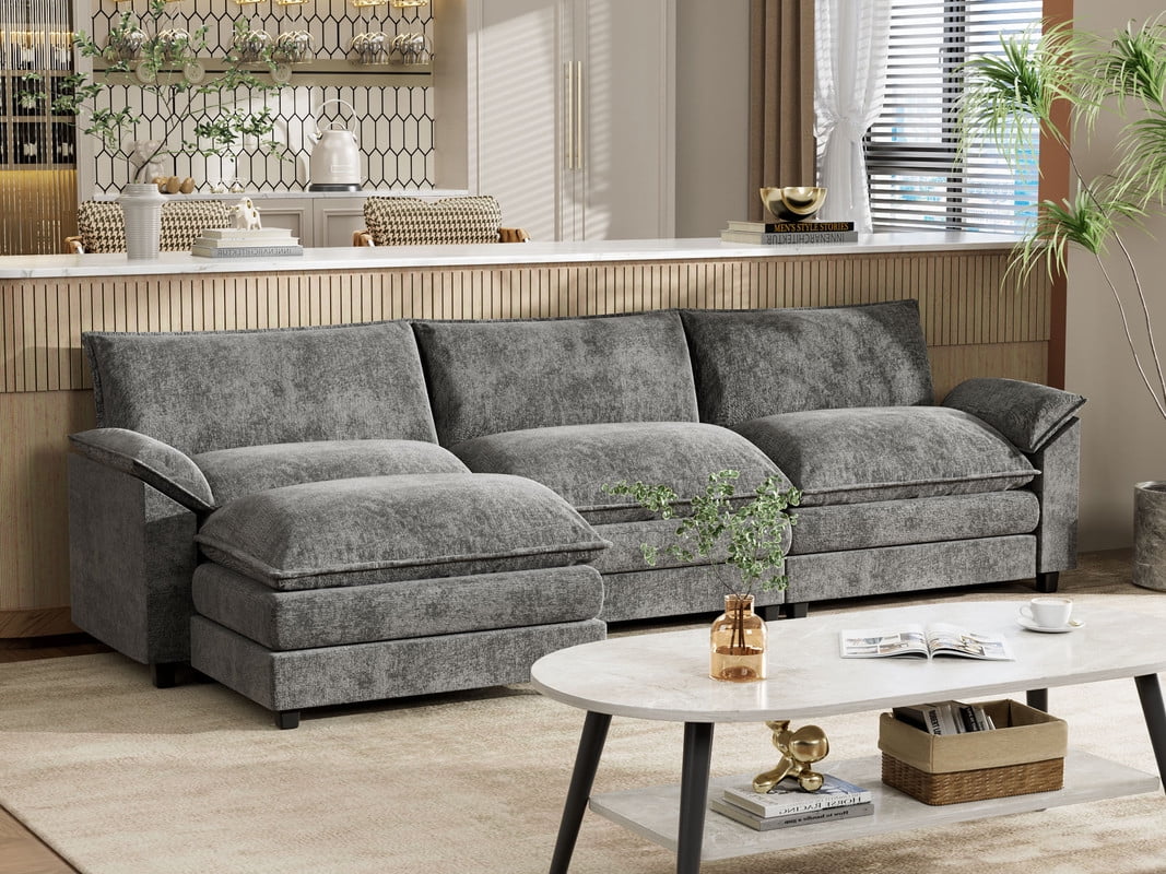 Furmax Sectional Sofa with 2 Movable Ottomans for Living Room, Fabric Convertible Modular Couch