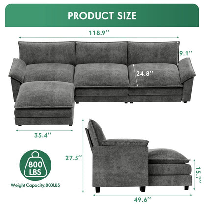 Furmax Sectional Sofa with 2 Movable Ottomans for Living Room, Fabric Convertible Modular Couch