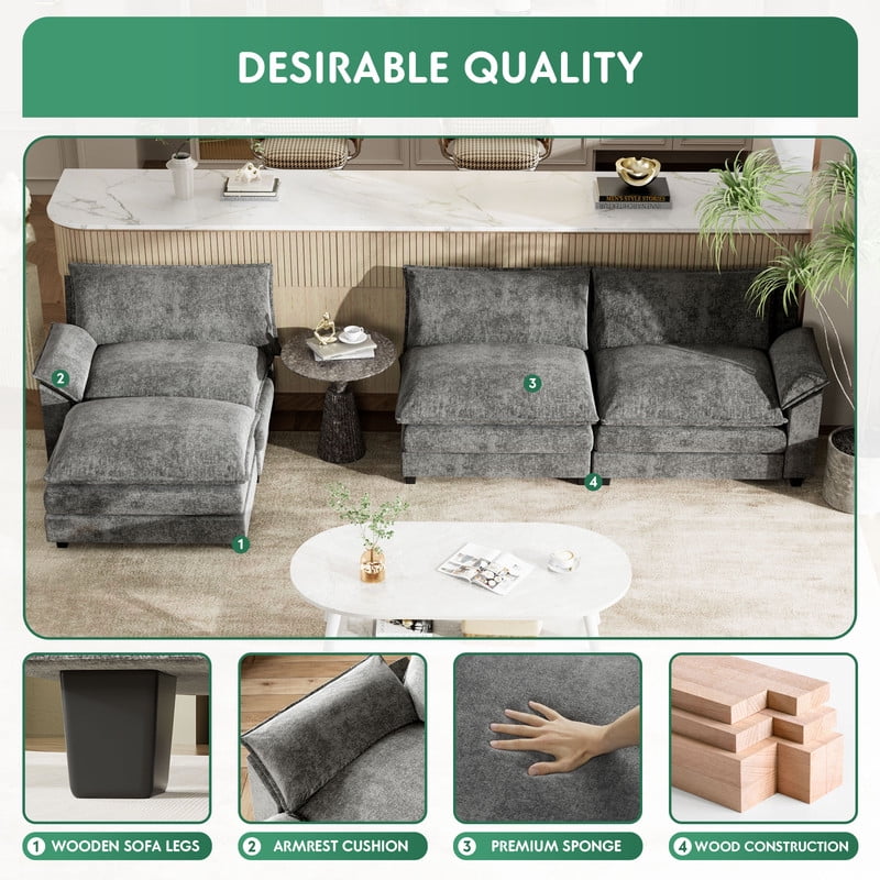 Furmax Sectional Sofa with 2 Movable Ottomans for Living Room, Fabric Convertible Modular Couch