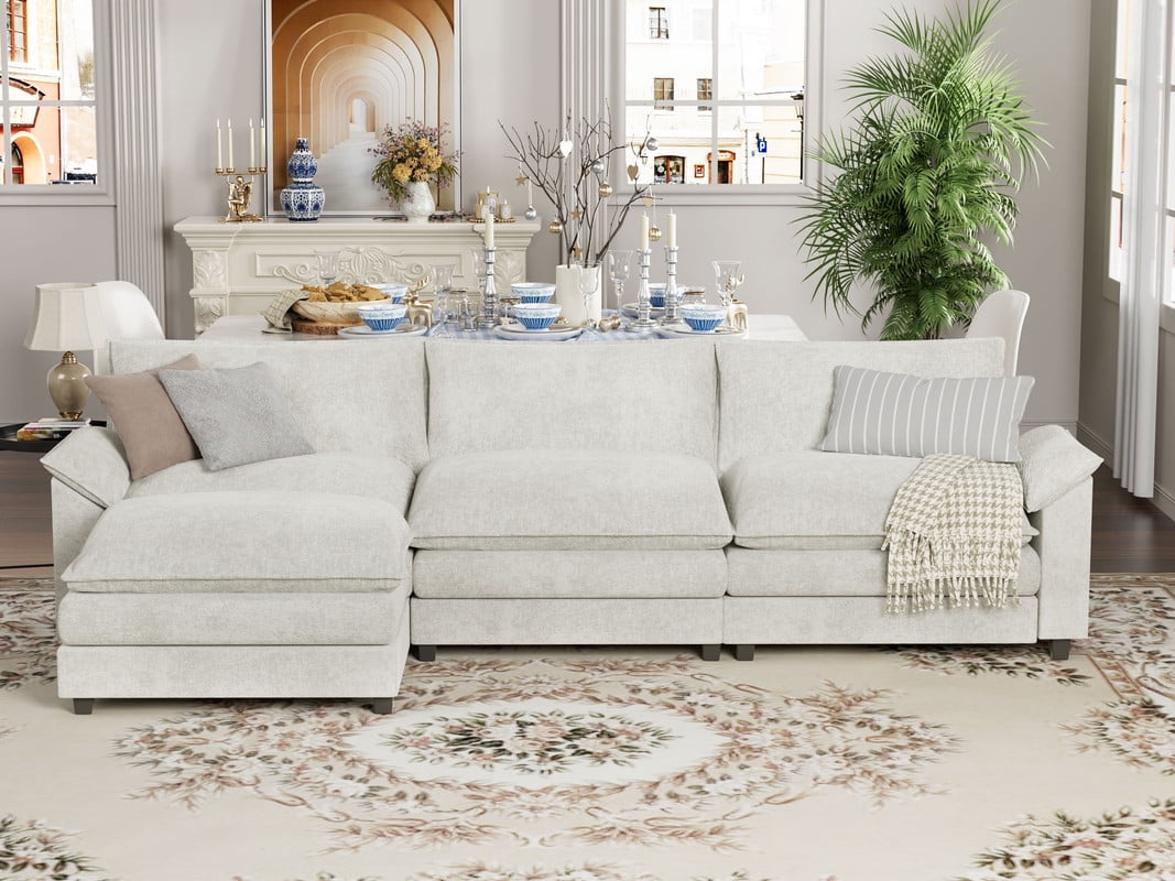 Furmax Sectional Sofa with 2 Movable Ottomans for Living Room, Fabric Convertible Modular Couch