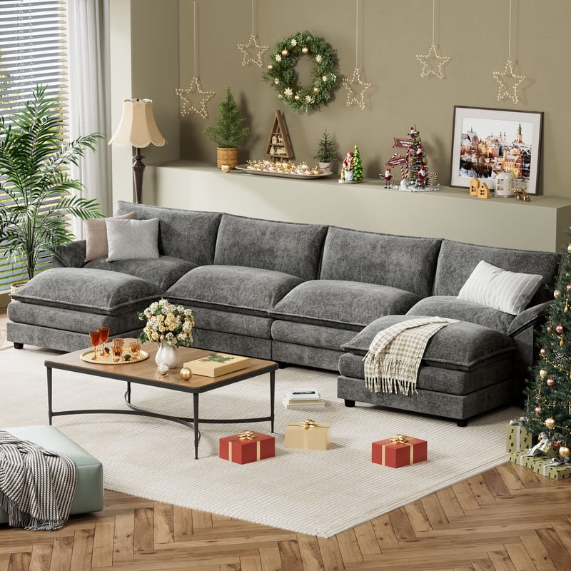 Furmax Sectional Sofa with 2 Movable Ottomans for Living Room, Fabric Convertible Modular Couch