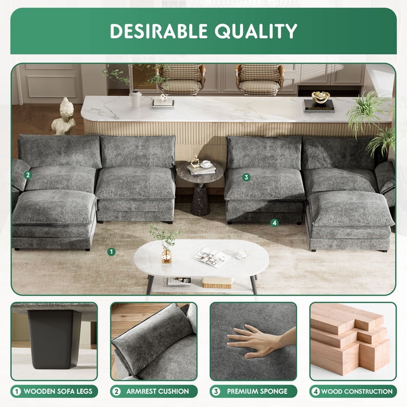 Furmax Sectional Sofa with 2 Movable Ottomans for Living Room, Fabric Convertible Modular Couch