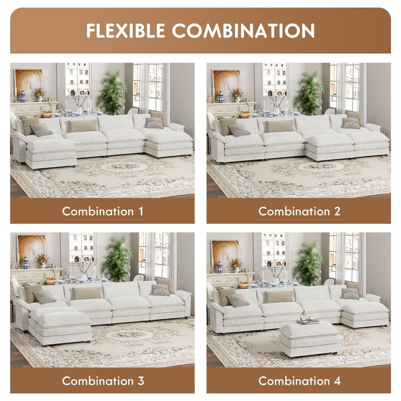 Furmax Sectional Sofa with 2 Movable Ottomans for Living Room, Fabric Convertible Modular Couch