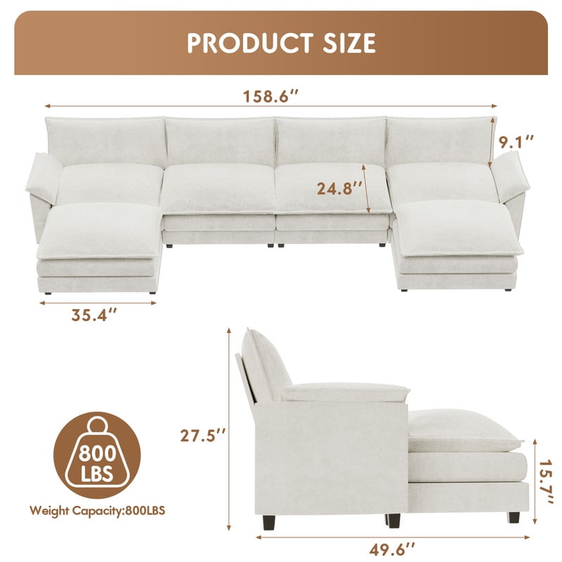 Furmax Sectional Sofa with 2 Movable Ottomans for Living Room, Fabric Convertible Modular Couch
