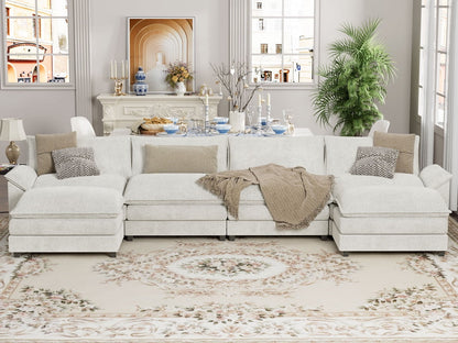 Furmax Sectional Sofa with 2 Movable Ottomans for Living Room, Fabric Convertible Modular Couch