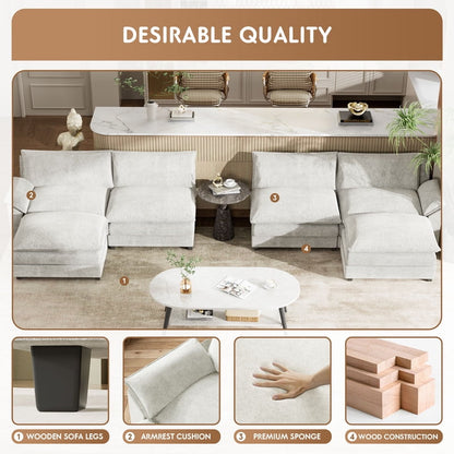 Furmax Sectional Sofa with 2 Movable Ottomans for Living Room, Fabric Convertible Modular Couch