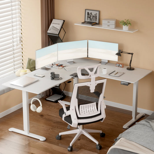 Furmax L-shaped Standing 63” W Electric Height Adjustable Computer Desk Sit-Stand Corner Desk for Home Office Lifting Range 28~46in with Memory Preset Controller
