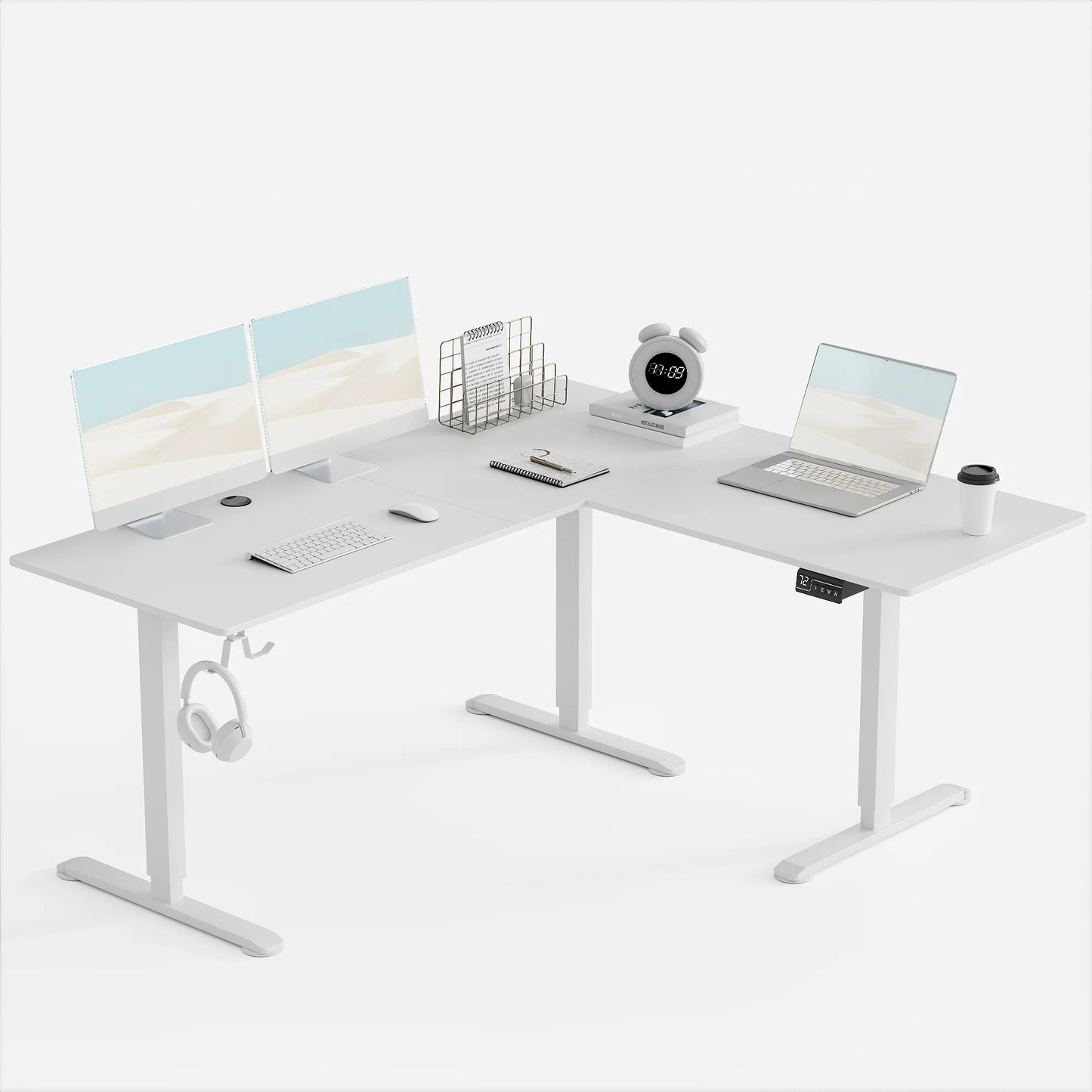 Furmax L-shaped Standing 63” W Electric Height Adjustable Computer Desk Sit-Stand Corner Desk for Home Office Lifting Range 28~46in with Memory Preset Controller