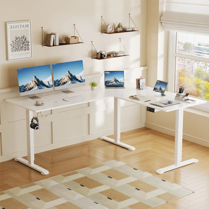 Furmax L-shaped Standing 63” W Electric Height Adjustable Computer Desk Sit-Stand Corner Desk for Home Office Lifting Range 28~46in with Memory Preset Controller