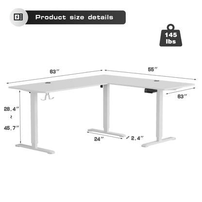 Furmax L-shaped Standing 63” W Electric Height Adjustable Computer Desk Sit-Stand Corner Desk for Home Office Lifting Range 28~46in with Memory Preset Controller