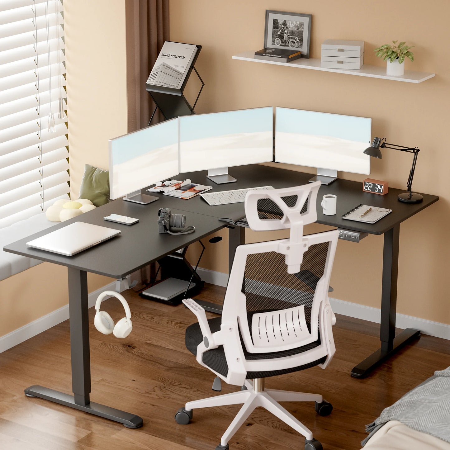 Furmax L-shaped Standing 63” W Electric Height Adjustable Computer Desk Sit-Stand Corner Desk for Home Office Lifting Range 28~46in with Memory Preset Controller
