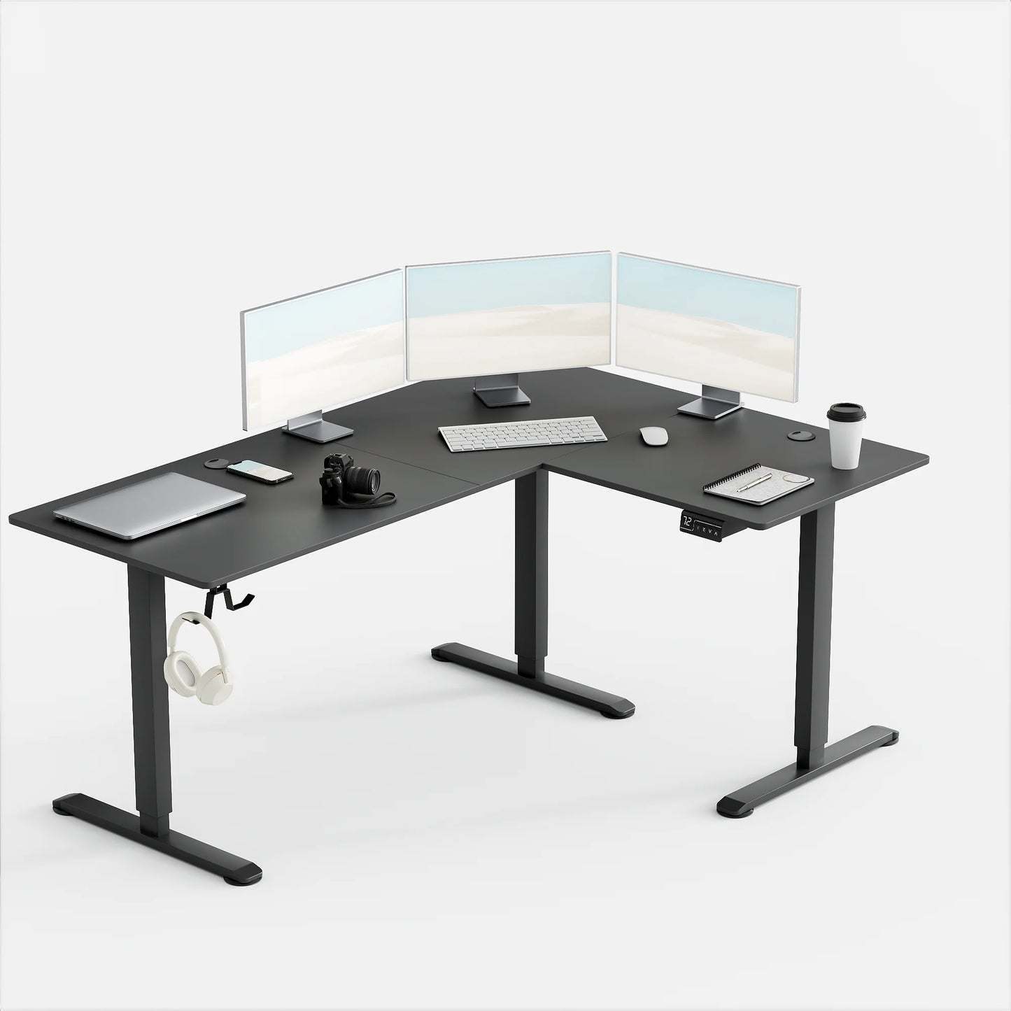 Furmax L-shaped Standing 63” W Electric Height Adjustable Computer Desk Sit-Stand Corner Desk for Home Office Lifting Range 28~46in with Memory Preset Controller