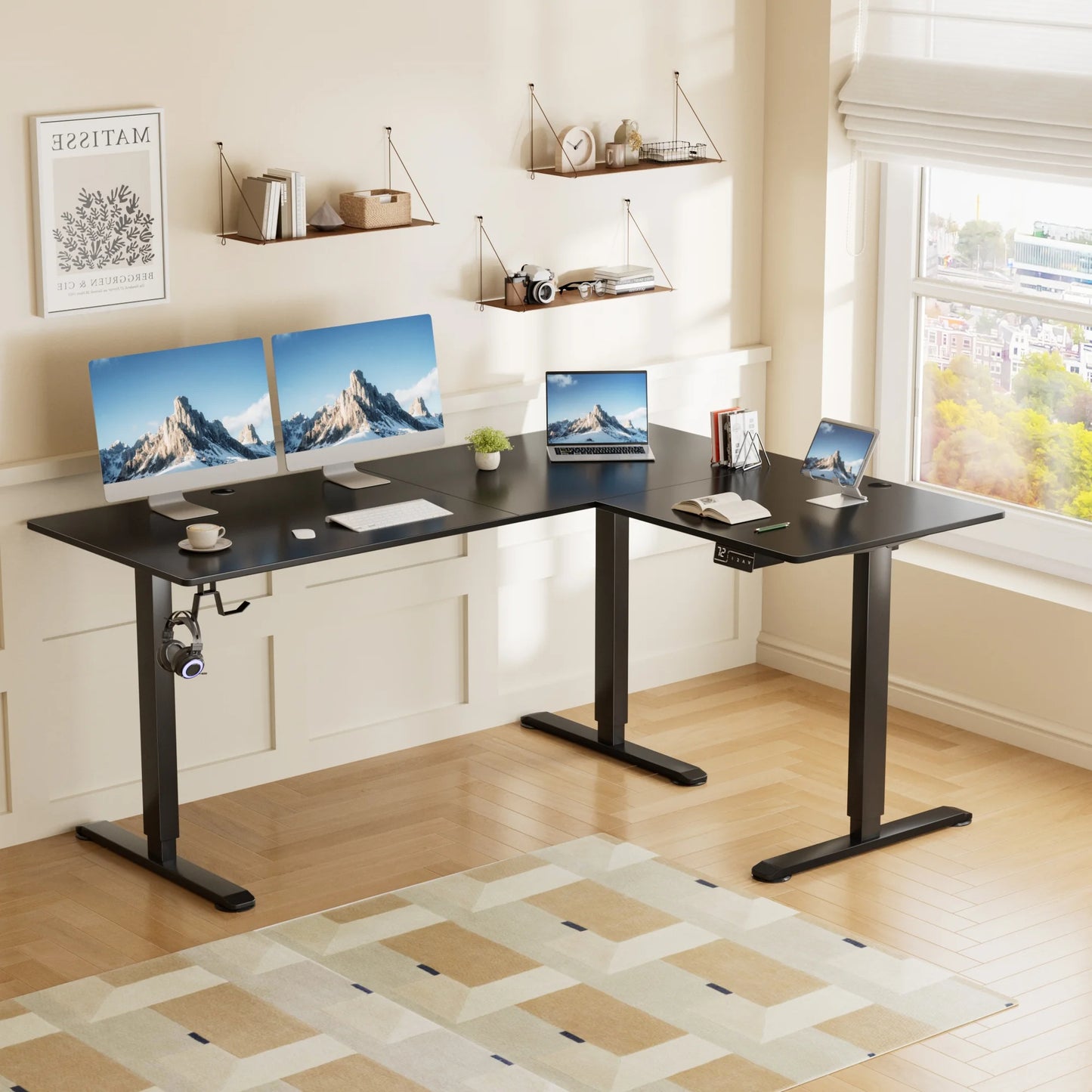Furmax L-shaped Standing 63” W Electric Height Adjustable Computer Desk Sit-Stand Corner Desk for Home Office Lifting Range 28~46in with Memory Preset Controller