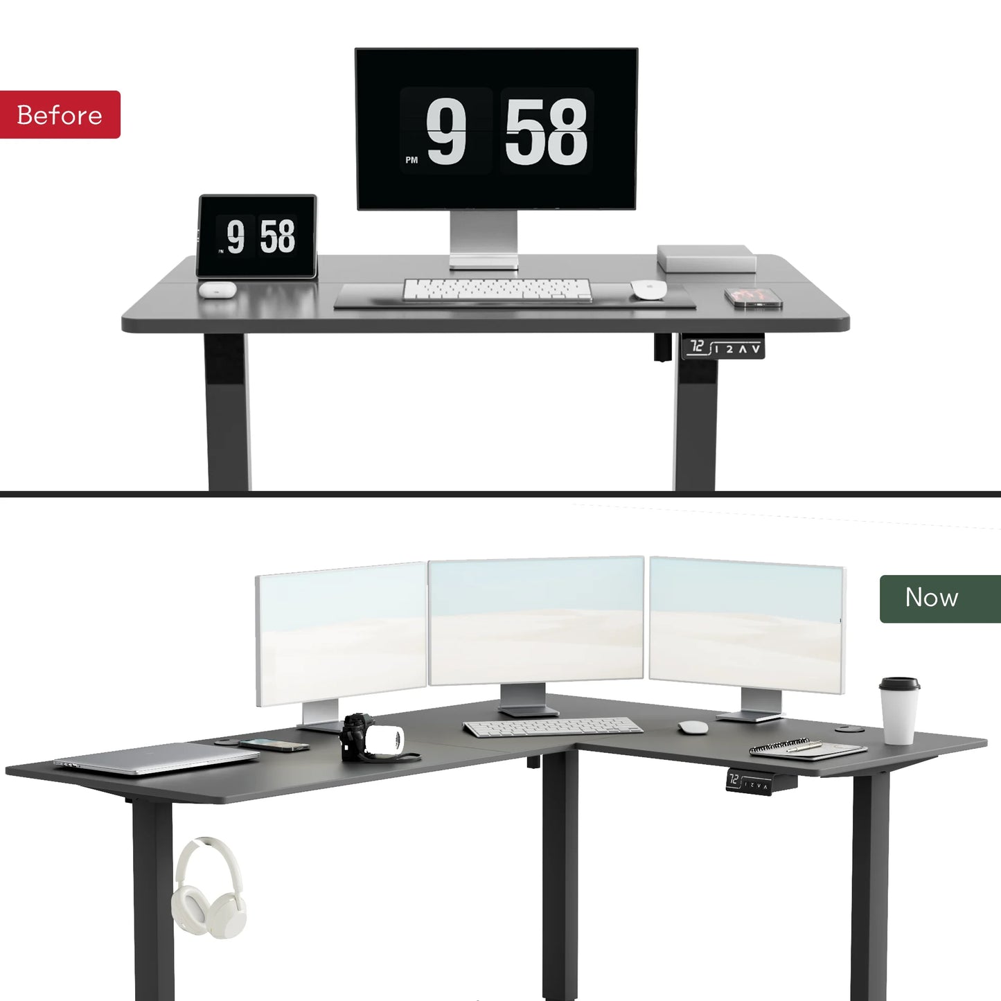 Furmax L-shaped Standing 63” W Electric Height Adjustable Computer Desk Sit-Stand Corner Desk for Home Office Lifting Range 28~46in with Memory Preset Controller