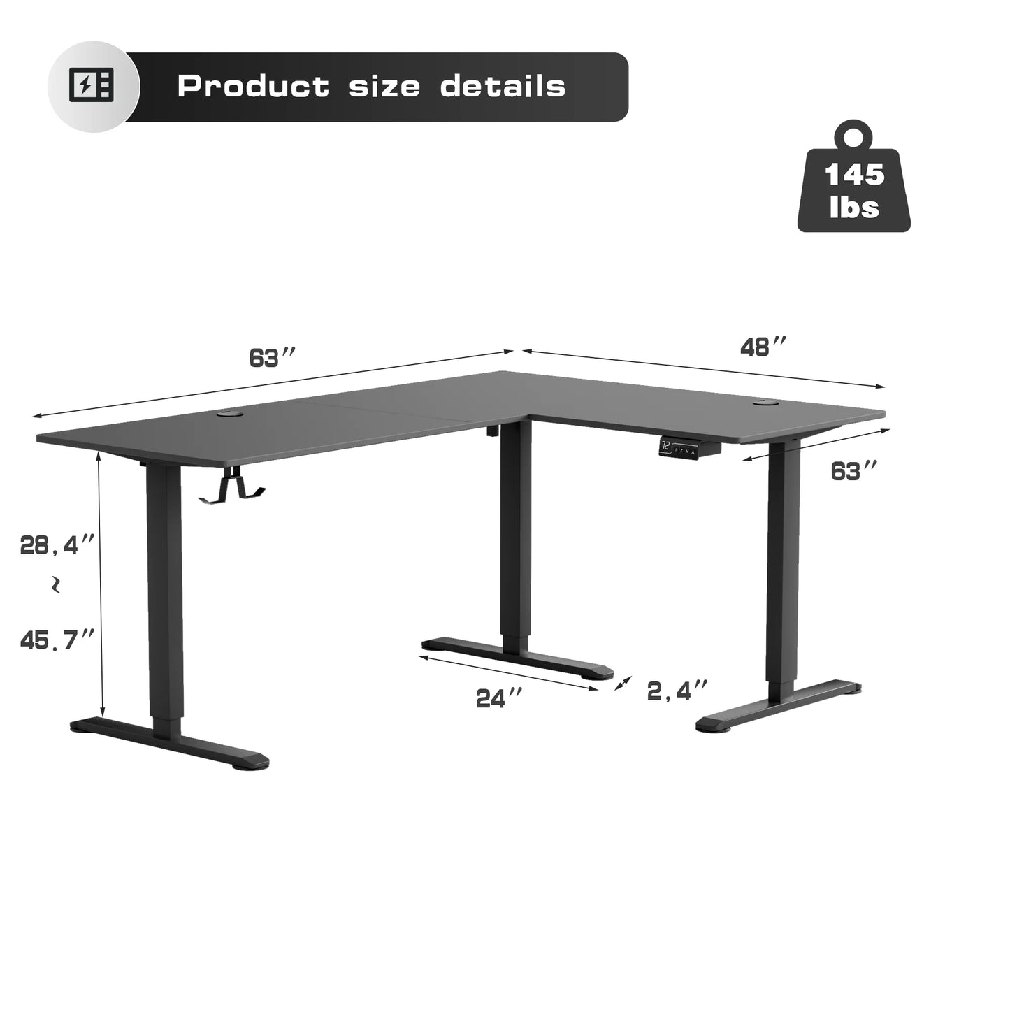 Furmax L-shaped Standing 63” W Electric Height Adjustable Computer Desk Sit-Stand Corner Desk for Home Office Lifting Range 28~46in with Memory Preset Controller