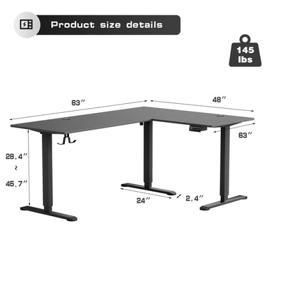 Furmax L-shaped Standing 63” W Electric Height Adjustable Computer Desk Sit-Stand Corner Desk for Home Office Lifting Range 28~46in with Memory Preset Controller