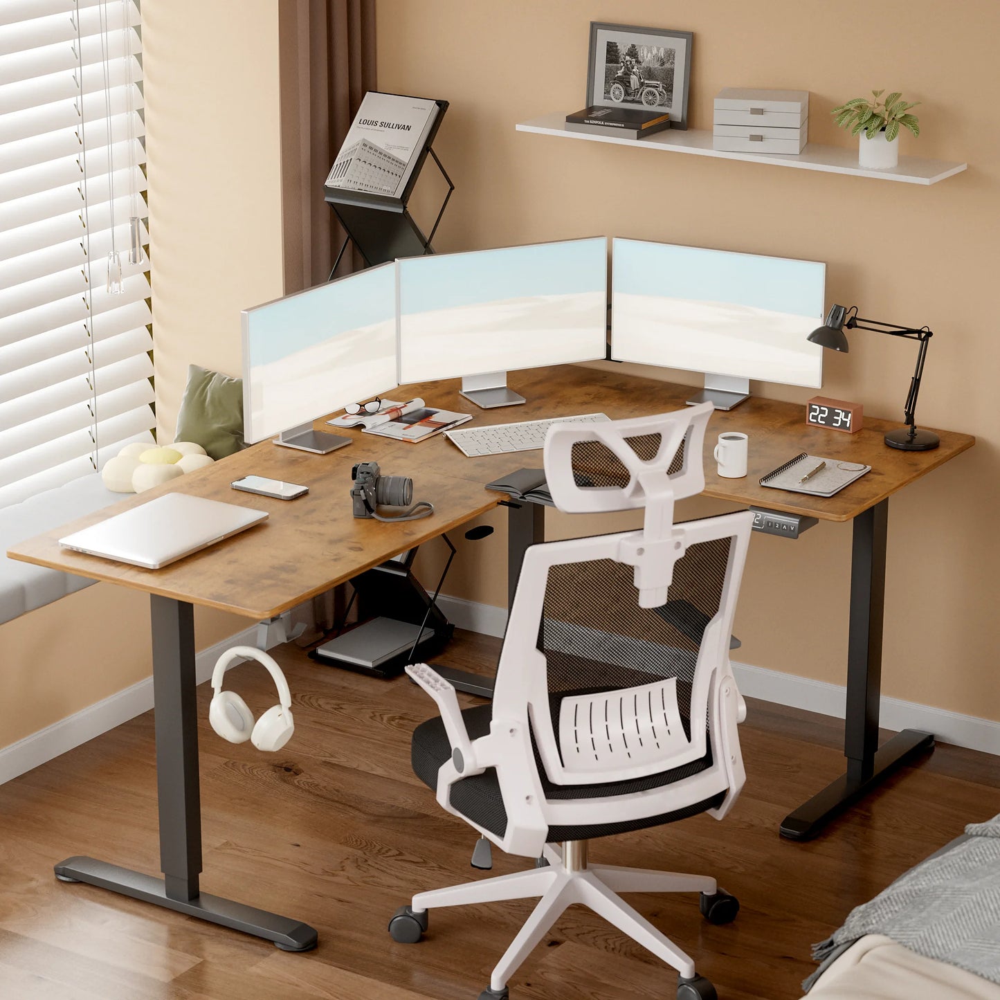 Furmax L-shaped Standing 63” W Electric Height Adjustable Computer Desk Sit-Stand Corner Desk for Home Office Lifting Range 28~46in with Memory Preset Controller