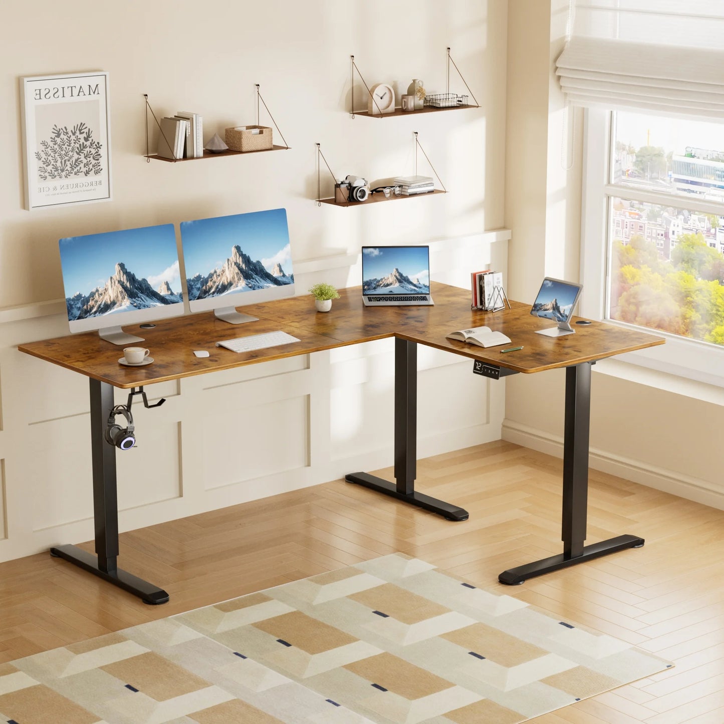 Furmax L-shaped Standing 63” W Electric Height Adjustable Computer Desk Sit-Stand Corner Desk for Home Office Lifting Range 28~46in with Memory Preset Controller