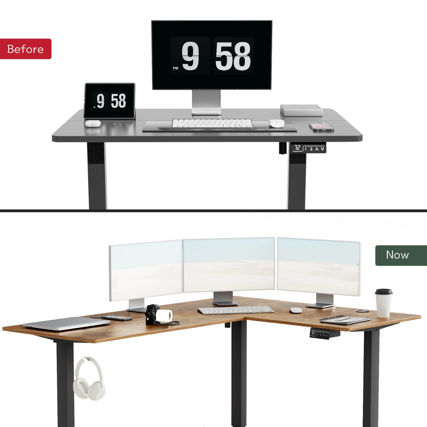 Furmax L-shaped Standing 63” W Electric Height Adjustable Computer Desk Sit-Stand Corner Desk for Home Office Lifting Range 28~46in with Memory Preset Controller
