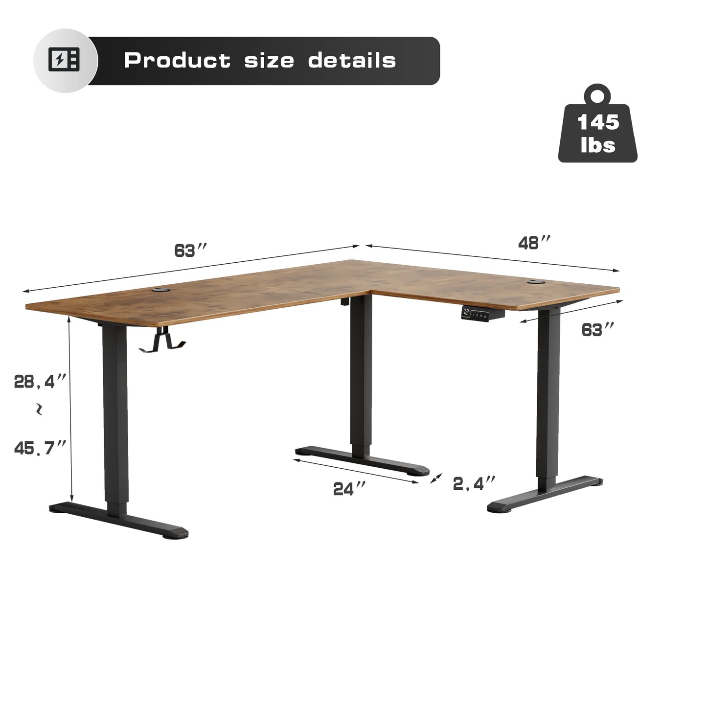 Furmax L-shaped Standing 63” W Electric Height Adjustable Computer Desk Sit-Stand Corner Desk for Home Office Lifting Range 28~46in with Memory Preset Controller