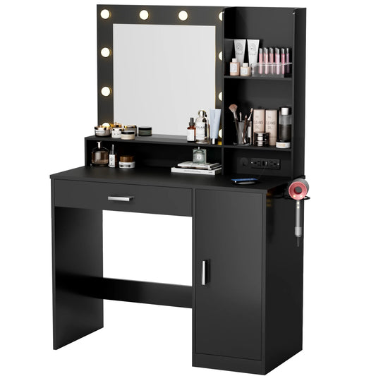 Furmax Vanity Desk with Lights and Mirror Makeup Vanity Table Set with Cabinet and Power Outlet,