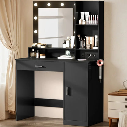 Furmax Vanity Desk with Lights and Mirror Makeup Vanity Table Set with Cabinet and Power Outlet,