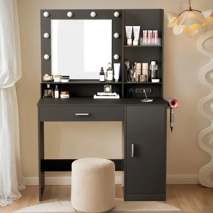 Furmax Vanity Desk with Lights and Mirror Makeup Vanity Table Set with Cabinet and Power Outlet,