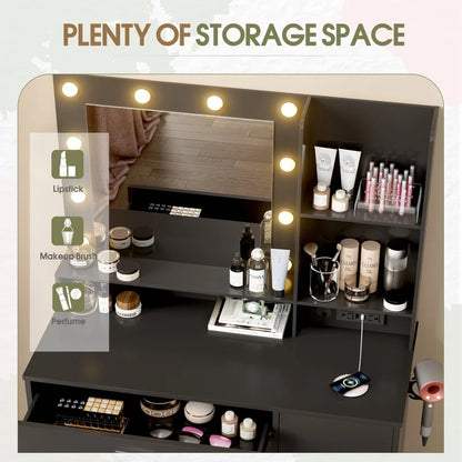 Furmax Vanity Desk with Lights and Mirror Makeup Vanity Table Set with Cabinet and Power Outlet,